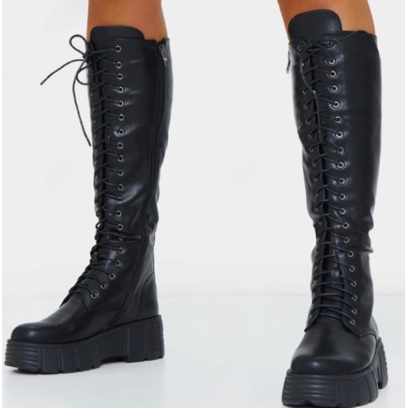 Black Lace-Up Knee-High Boots - Picture 2 of 5